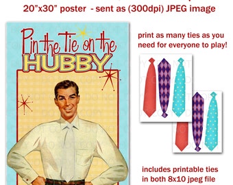 Printable DIY Pin the Tie on Hubby - Retro Housewife Bridal Shower Party Game Poster 20" x 30"