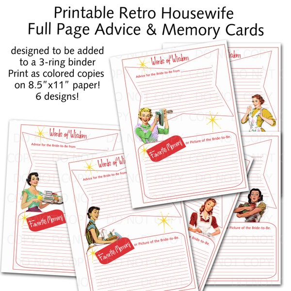 Printable 1950's Retro Housewife Full Sheet Words of Wisdom or Advice and Favorite Memory of Bride for 3-ring Binder - Set of 6 designs