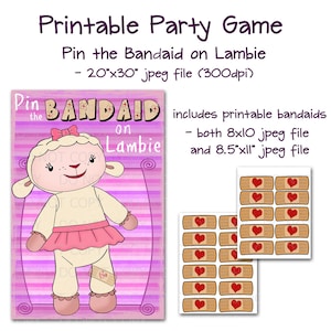 May include: Printable party game featuring a cartoon lambie with a pink tutu and a bandaid on her leg. The game includes printable bandaids in two sizes: 8x10 inches and 8.5x11 inches.