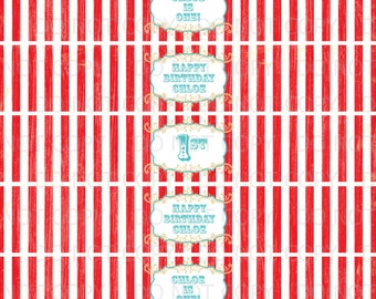 Printable DIY Vintage Circus or Carnival Theme Water Bottle Labels - Red and White Stripes