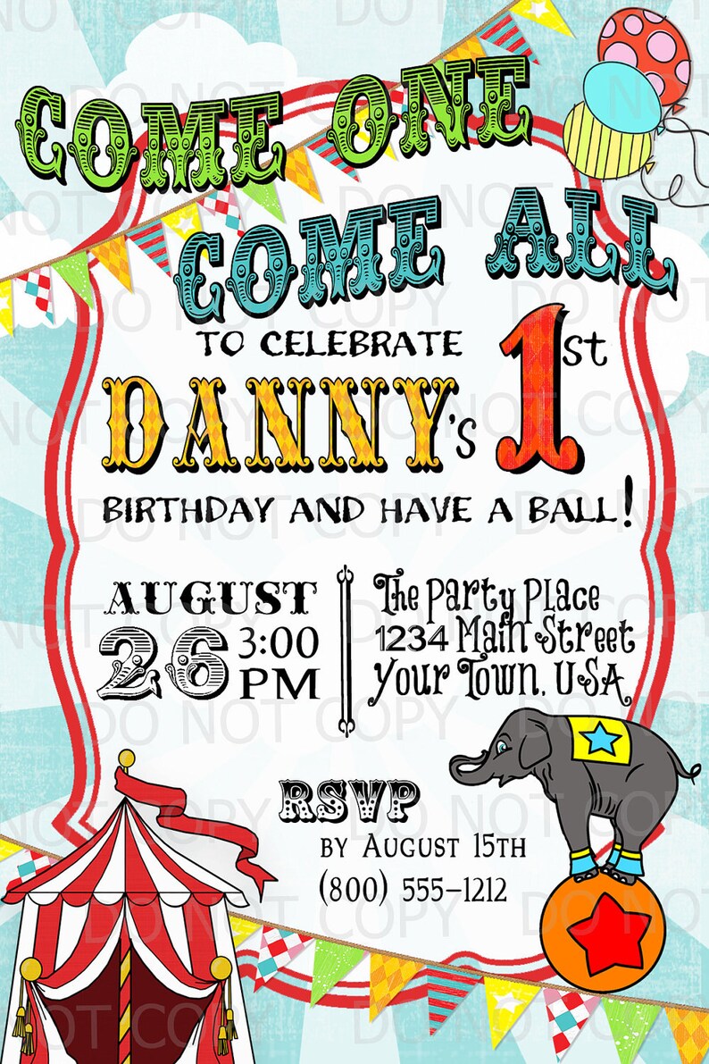 Printable DIY Vintage Circus Birthday Invitations image 1