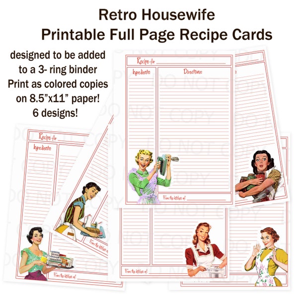 Printable 1950's Retro Housewife Full Sheet Recipe Cards for 3-ring Binder - Set of 6 designs