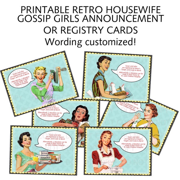 Printable 1950's Retro Housewife Gossip Girls Bridal Shower Game Cards - PERSONALIZED Set of 6 designs