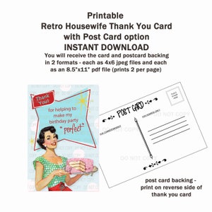 Cartão de agradecimento de aniversário de dona de casa retrô DIY imprimível com suporte de cartão postal