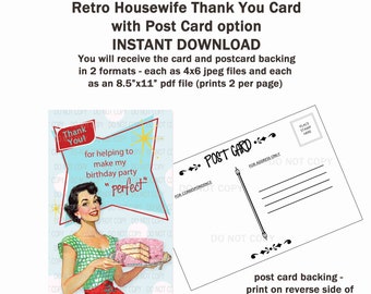Printable DIY Retro Housewife Birthday Thank You Card with Post Card Backing