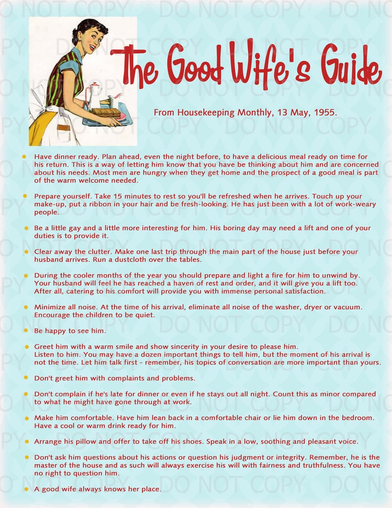 Printable Retro Housewife themed Bridal Shower Display Print A Good Wife's Guide 8x10 image 1