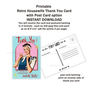 Afdrukbare DIY Retro huisvrouw bruids douche bedankkaart met briefkaart achterkant