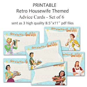 Printable 1950&#39;s Retro Housewife Bridal Shower Advice Cards - Set of 6 designs