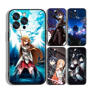 May include: A collection of phone cases featuring anime-style illustrations. The cases showcase various characters in action poses, with vibrant colors and detailed artwork. The designs include characters with swords and dynamic backgrounds.