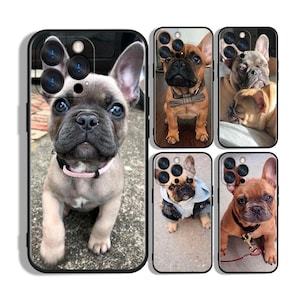Op de afbeelding: Een verzameling telefoonhoesjes met afbeeldingen van Franse Bulldogs. De hoesjes tonen verschillende poses van de honden, waaronder close-up portretten en volledige lichaamsopnamen. De honden hebben bruine, bruine en grijze vacht, sommige dragen accessoires.