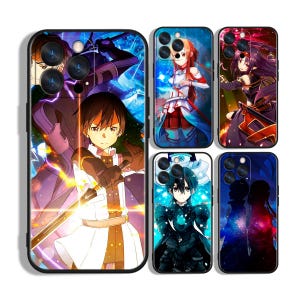 May include: A collection of phone cases featuring anime-style illustrations. The cases showcase vibrant character designs with bold colors and dynamic poses. Each case has a black border and a camera cutout.