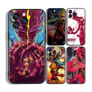 May include: A collection of phone cases featuring colorful illustrations of Groot from Guardians of the Galaxy. The cases showcase various action poses and character art, with vibrant colors and detailed designs.
