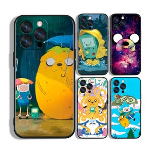 May include: A selection of phone cases with Adventure Time cartoon characters. Designs include Jake the Dog, Finn the Human, and BMO, set against backgrounds such as a rainy scene and a starry galaxy.
