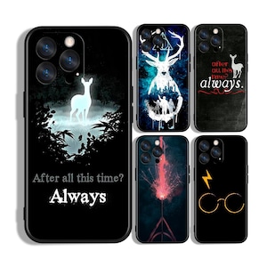 May include: Black phone cases with various designs. One case features a glowing white deer with the text "After all this time? Always." Other cases display a stag, silhouettes, and iconic imagery. The cases are designed for a smartphone.