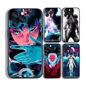 May include: A collection of phone cases featuring anime-style artwork. The cases showcase vibrant illustrations with a cyberpunk aesthetic, including a portrait with blue and purple tones, and the text "GHOST SHELL".