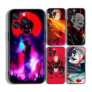 Op de afbeelding: Een verzameling telefoonhoesjes met illustraties in anime-stijl. De hoesjes tonen levendige ontwerpen met personages in dynamische poses, tegen kleurrijke achtergronden. De hoesjes hebben een zwarte rand en een camera-uitsparing.