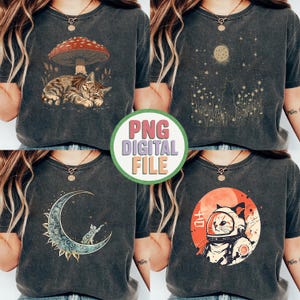 Mystical Cats PNG β Moon Cat, Japanese Retro Space Cat, Floral Black Tabby, Cottagecore Vibe β Digital Art