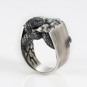 Op de afbeelding: Een zilveren ring met een slangontwerp. De slang is gedetailleerd, met getextureerde schubben en een contrasterende gladde zilveren afwerking. De ring wordt gepresenteerd op een witte ondergrond.