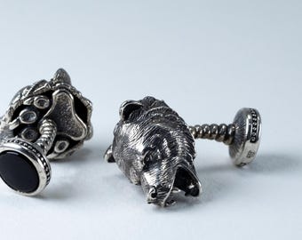 Manchetknopen berenkop – handgemaakte zilveren dierenmanchetknopen voor hem – uniek cadeau bruidsjonkers, rustieke dierensieraden accessoires wilde natuur