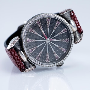 Handmade Unisex Watch with Rainbow Stone Dial Unique Textured Face Red Stingray Leather Strap  For Him or Her Sterling Silver Fashion Watch