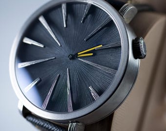 Minimalist Black Dial Watch for Men, Modern Analog Wrist Watch with Leather Strap, Titanium or Silver Case Option