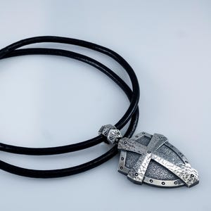 Sterling Silver Viking Shield Cross Necklace for Men – Medieval Armor Pendant on Leather Cord – Shield Cross Pendant Armenian Jewelry
