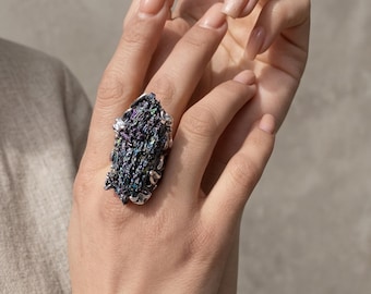 Large Seaweed Ring 925 Sterling Silver • Raw Crystal Statement Ring • Handmade Organic Jewelry Gift for Her Rainbow Carborundum