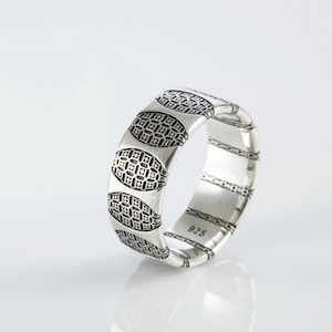 Men’s Sterling Silver Band Ring • 925 Silver Geometric Pattern Ring • Vintage Style Oxidized Ring for Men • Unique Gift for Him Unisex Ring
