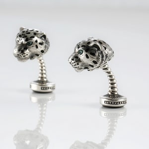 Sterling Silver Leopard Head Cufflinks | Men’s Animal Jewelry | Black Onyx Cufflinks for Him | Wild Cat Groom Gift | Jungle Style Accessory