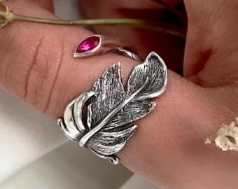 Sterling Silver Feather Ring with Gemstone – Adjustable Nature-Inspired Jewelry – Boho Statement Ring for Women – Handmade Armenian Gift