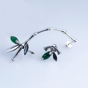 Stud Cuff Earrings Bamboo Sterling Silver 925, Dainty Cartilage Earrings, Green Cats Eye Earrings, Armenian Jewelry, Gift for Her