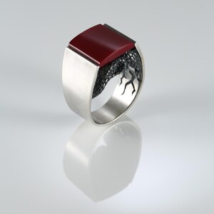 May include: A silver ring featuring a smooth, rectangular deep red stone set at the top. The band has a brushed silver finish and incorporates a dark, textured, scale-like metal design underneath the stone setting, creating a contrast in texture.