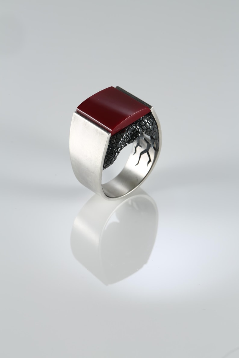 May include: A silver ring featuring a smooth, rectangular deep red stone set at the top. The band has a brushed silver finish and incorporates a dark, textured, scale-like metal design underneath the stone setting, creating a contrast in texture.