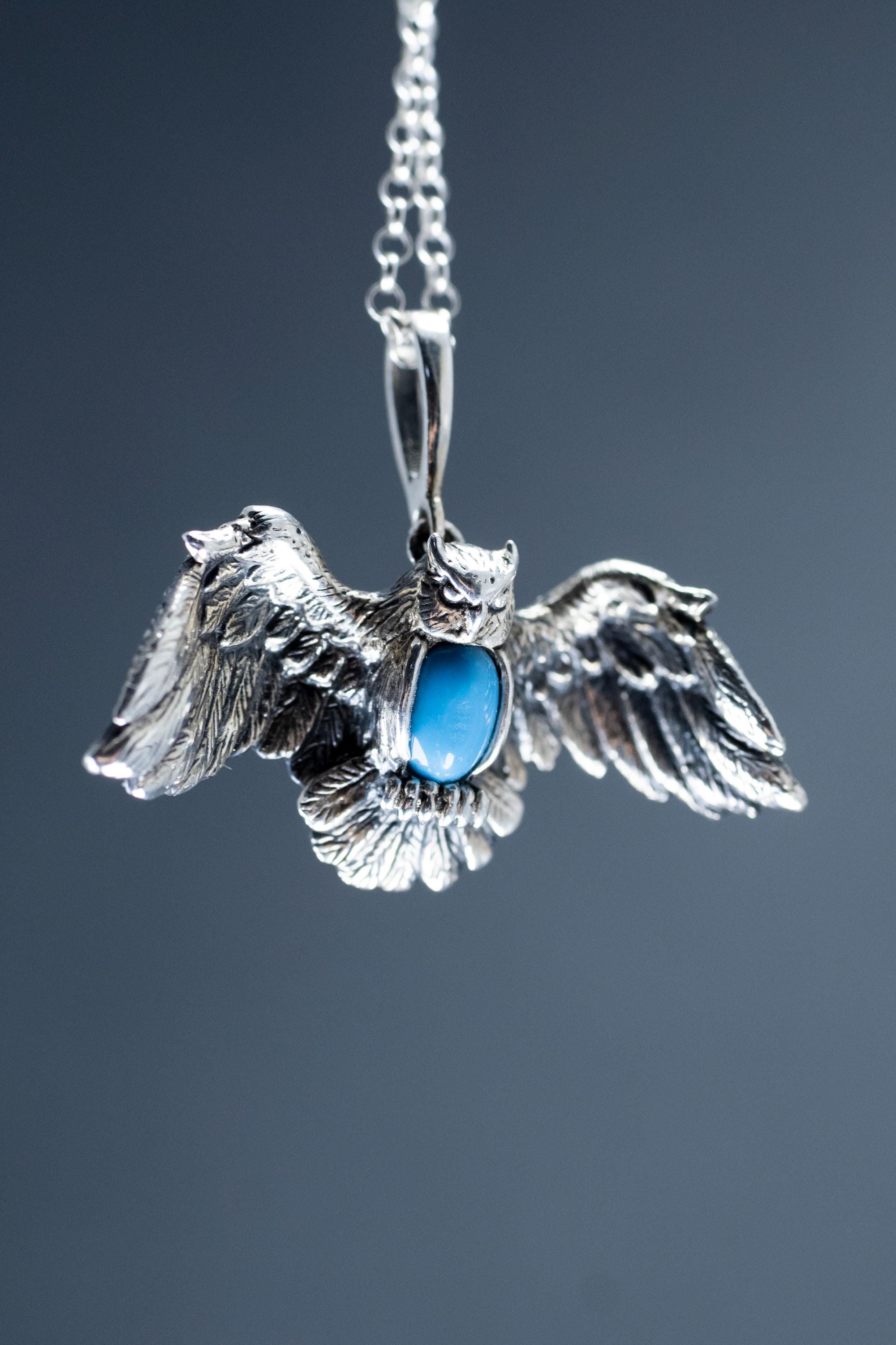 Silver Owl Pendant Necklace &ndash; Turquoise Blue Stone Jewelry &ndash; Bird Totem Necklace &ndash;
