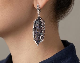 Handmade Raw Crystal Earrings with Silver Frame | Statement Dangle Earrings for Women | Boho Festival Jewelry | Iridescent Druzy Style Gift