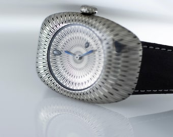 925 Sterling Silver Guilloché Wristwatch – Unique & Exclusive Handcrafted Design for Men And Women –Luxury Timepiece with Grey  Leather Stra