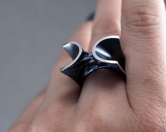 Sculptural Sterling Silver Ring: Modernist Statement Jewelry
