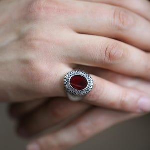 Sterling Silver Red Enamel Ring for Men – Vintage Style Bold Signet Ring – Handmade Statement Jewelry Gift, Fashion Men Jewelry