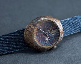 Handcrafted Unisex Watch With An Imitation Rusted Metal Finish Stone-Textured Iridescent Dial And Denim-Leather Strap  Vintage Charm
