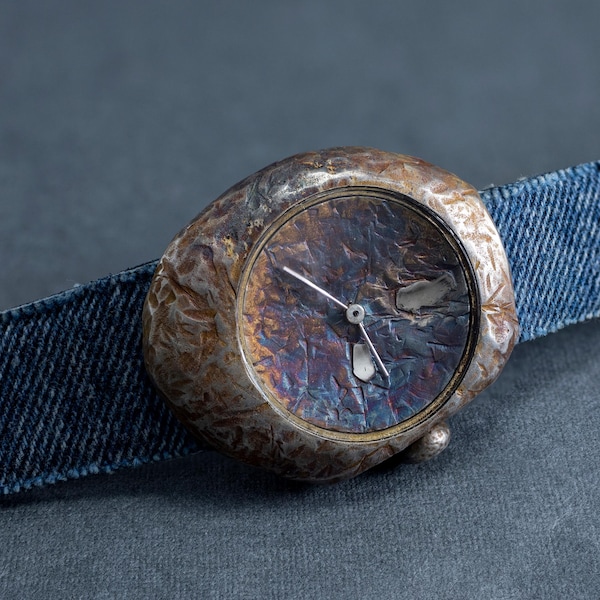 Handcrafted Unisex Watch With An Imitation Rusted Metal Finish Stone-Textured Iridescent Dial And Denim-Leather Strap  Vintage Charm