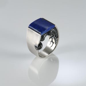 May include: A silver ring featuring a rectangular, deep blue lapis lazuli stone set into a brushed metal band. The band is accented with a dark, textured, snake-like motif that wraps around the sides, with intricate scale detailing visible.