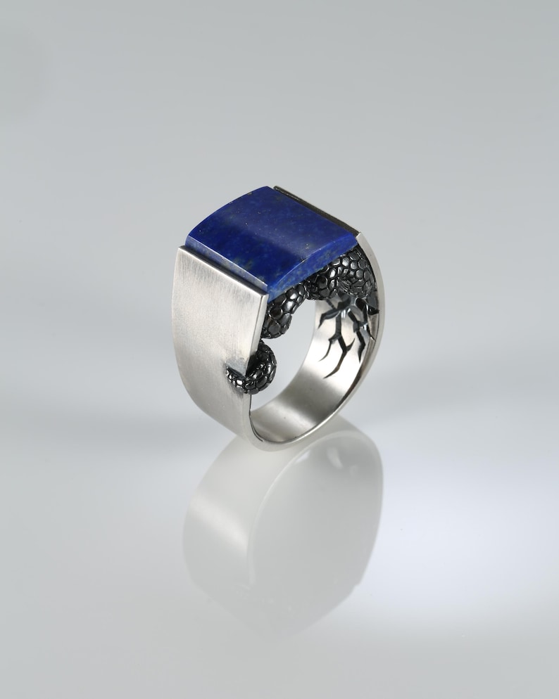 May include: A silver ring featuring a rectangular, deep blue lapis lazuli stone set into a brushed metal band. The band is accented with a dark, textured, snake-like motif that wraps around the sides, with intricate scale detailing visible.