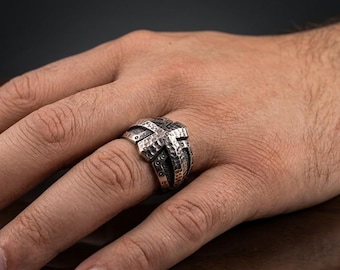 925 Sterling Silver Viking Cross Ring – Hammered Medieval Armor Ring for Men – Norse Gothic Warrior Jewelry,  Armenian Handmade Jewelry