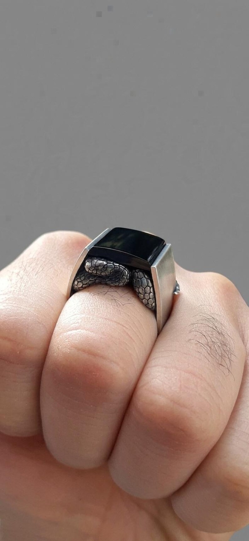 May include: A silver ring featuring a rectangular black stone set in a smooth metal band. The sides of the ring are decorated with a detailed, textured snake motif that wraps around the base of the stone setting, creating a distinct contrast.