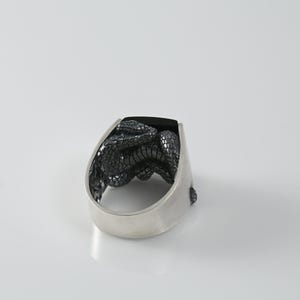 May include: A silver ring featuring a dark, textured snake motif coiled around the band. The ring is topped with a smooth, rectangular black stone set horizontally. The metal band has a polished finish, and the snake design shows detailed scales.