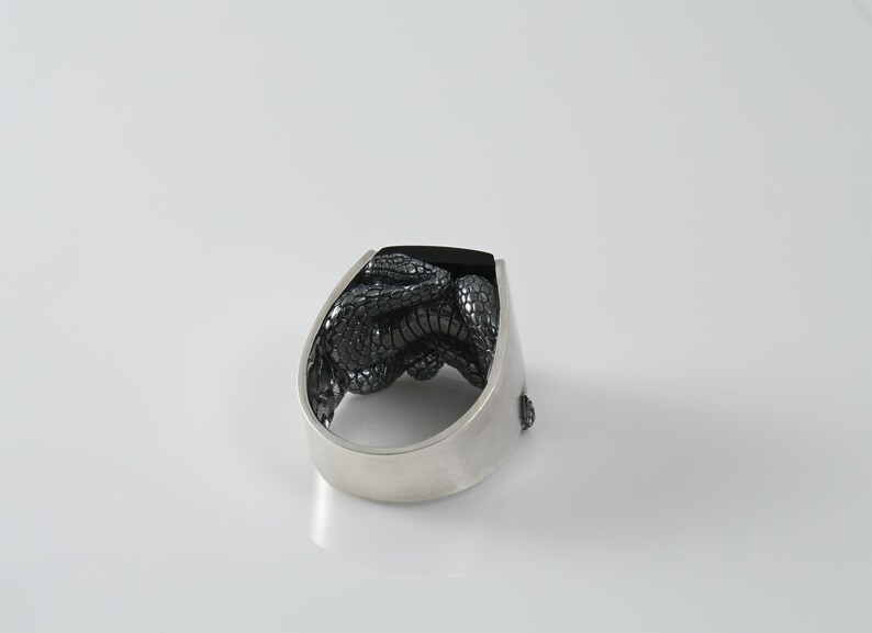 May include: A silver ring featuring a dark, textured snake motif coiled around the band. The ring is topped with a smooth, rectangular black stone set horizontally. The metal band has a polished finish, and the snake design shows detailed scales.