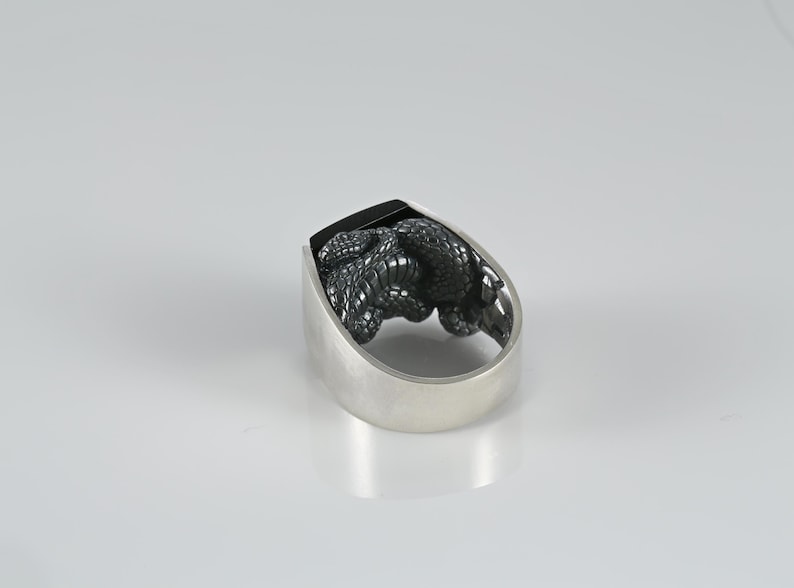 May include: A silver ring featuring a detailed, dark-toned sculptural snake motif coiled on the top surface. The band has a smooth, polished finish, while the snake design displays intricate, textured scales and a deep, oxidized metallic appearance.