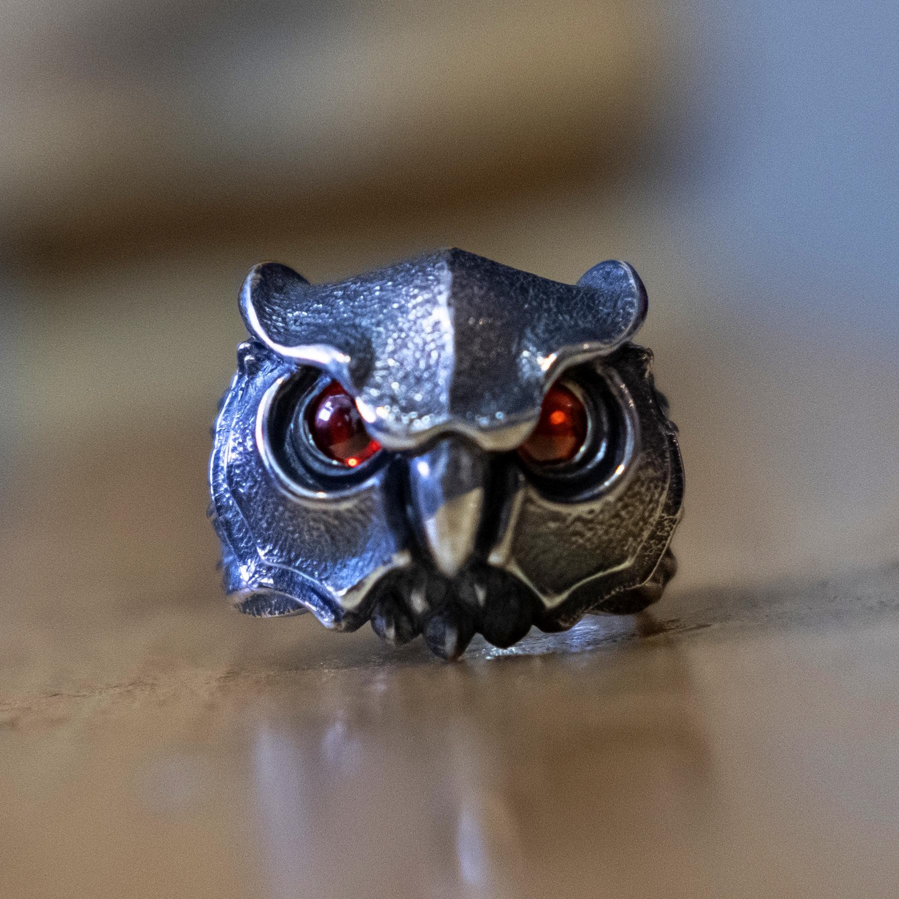Handmade Owl Ring for Men and Women – Sterling Silver Animal Ring with Red Gemstone Eyes &ndas