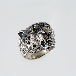 Sterling Silver Leopard Ring with Green Eyes | Wild Cat Jewelry for Men | Handmade Animal Head Ring | Black Enamel Statement Ring