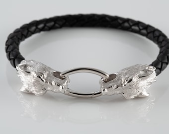 Sterling Silver Wolf Head Leather Bracelet – Viking Bangle for Men